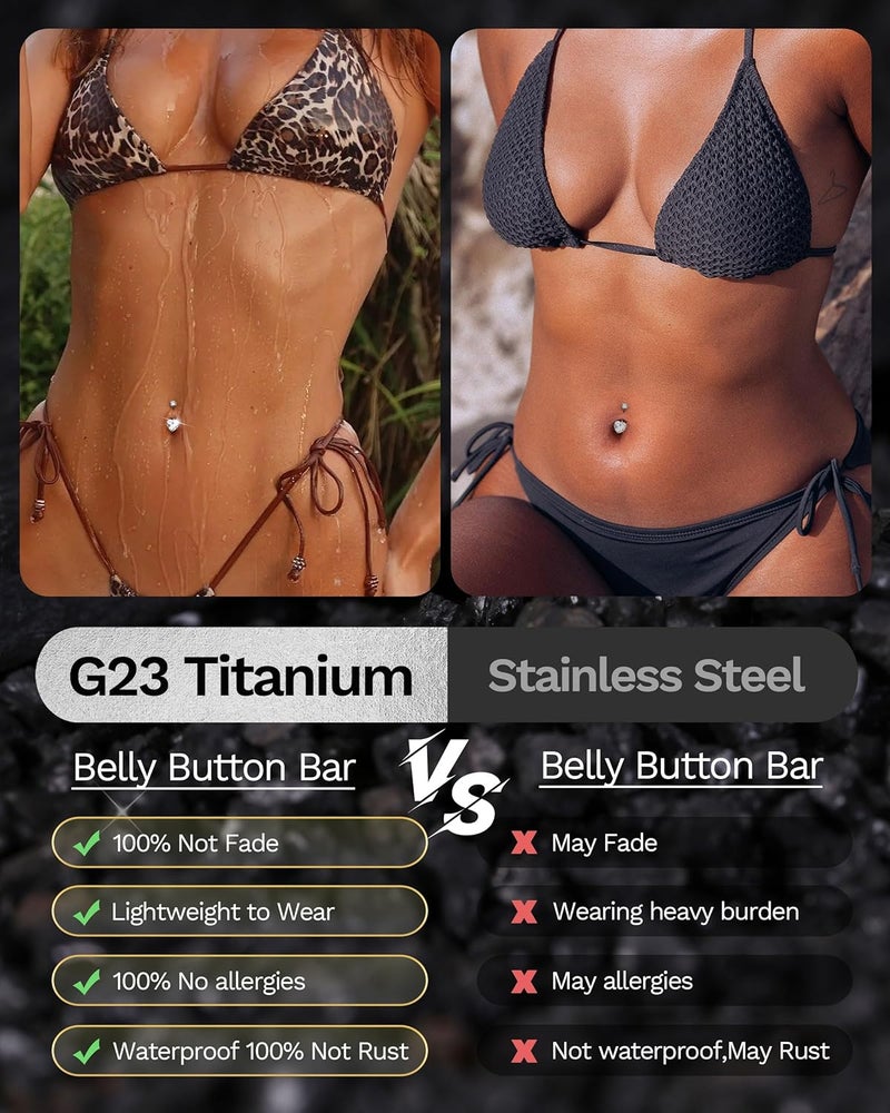 Jstyle G23 Titanium Dangle Belly Button Rings for Women 14G Internally Threaded Belly Ring Dangling Piercing Jewelry with Heart Butterfly CZ Hypoallergenic Navel Piercing Ring - Image 1